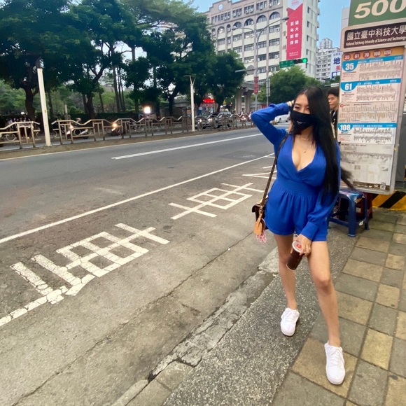 Blue long sleeve deep plunge romper - Picture 2 of 7